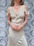 Antique Museum-Archived 1930s Silk Satin Cold-Shoulder Gown