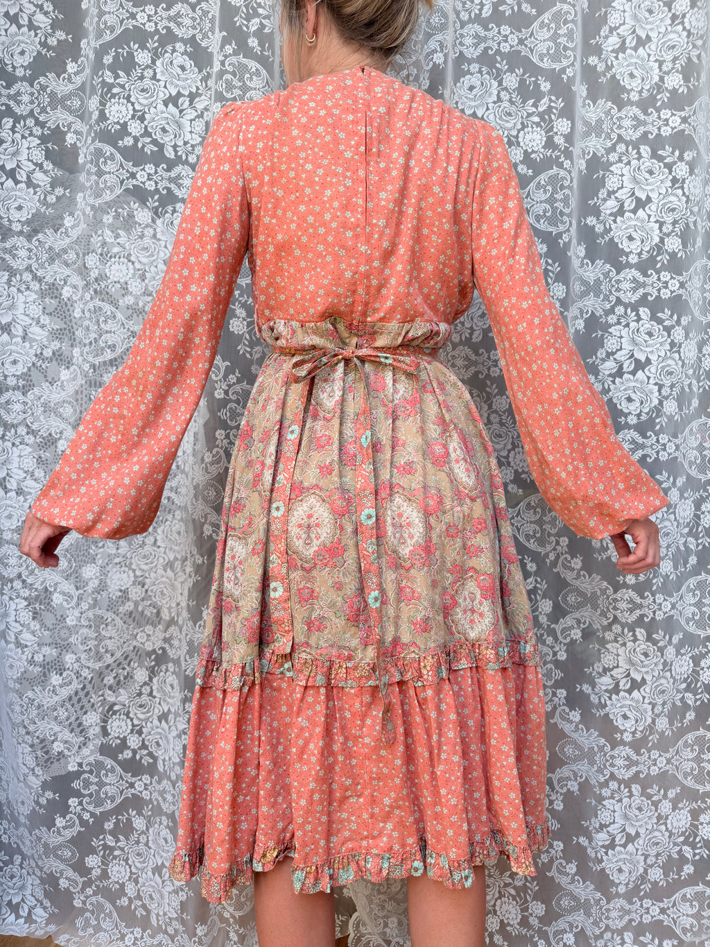 Vintage 1970s Jodie T of California Patchwork Prairie Dress in Peachy Pink