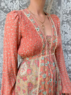 Vintage 1970s Jodie T of California Patchwork Prairie Dress in Peachy Pink