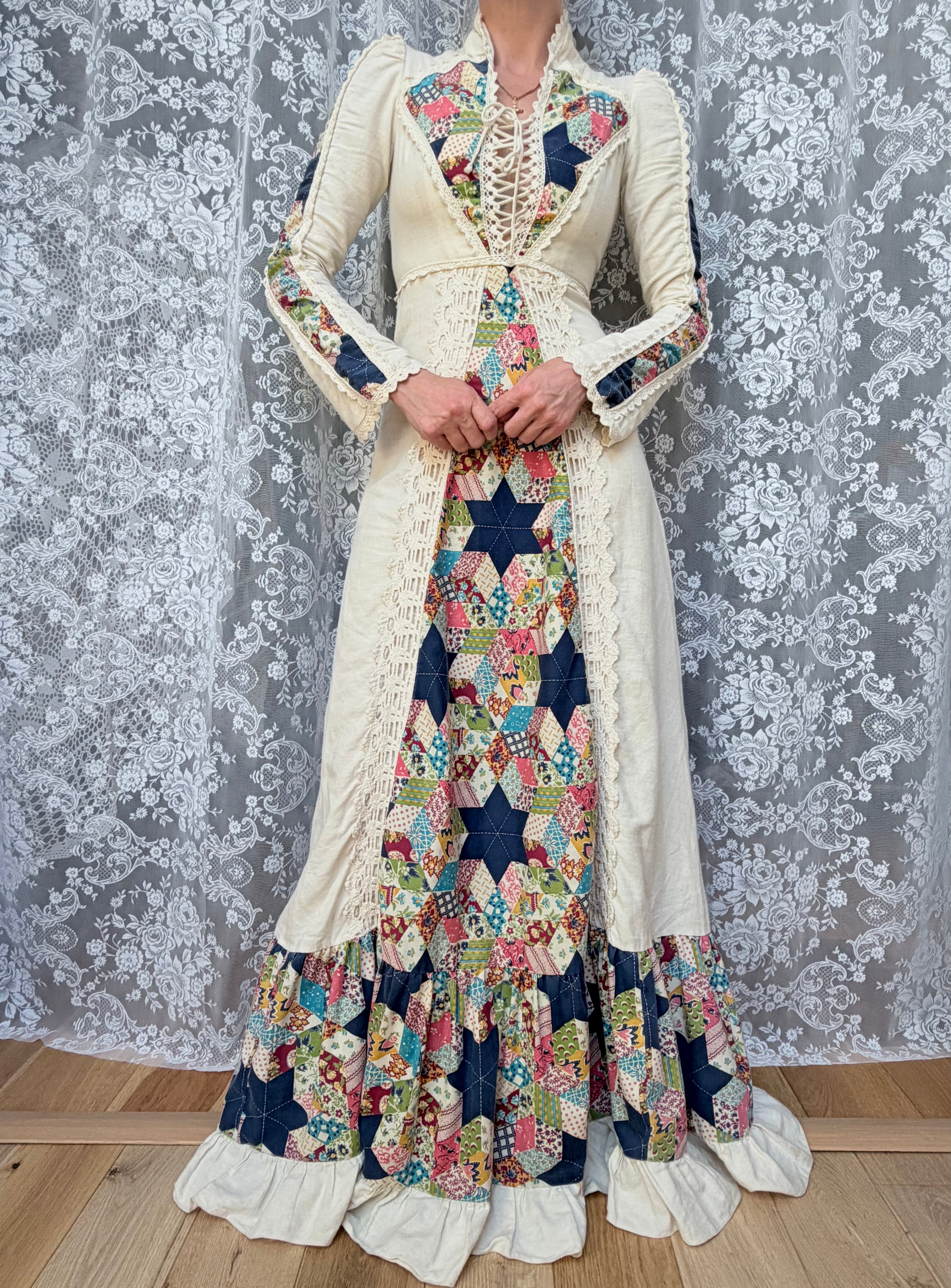 Vintage 1970s Gunne Sax Patchwork Lace Corset Prairie Dress