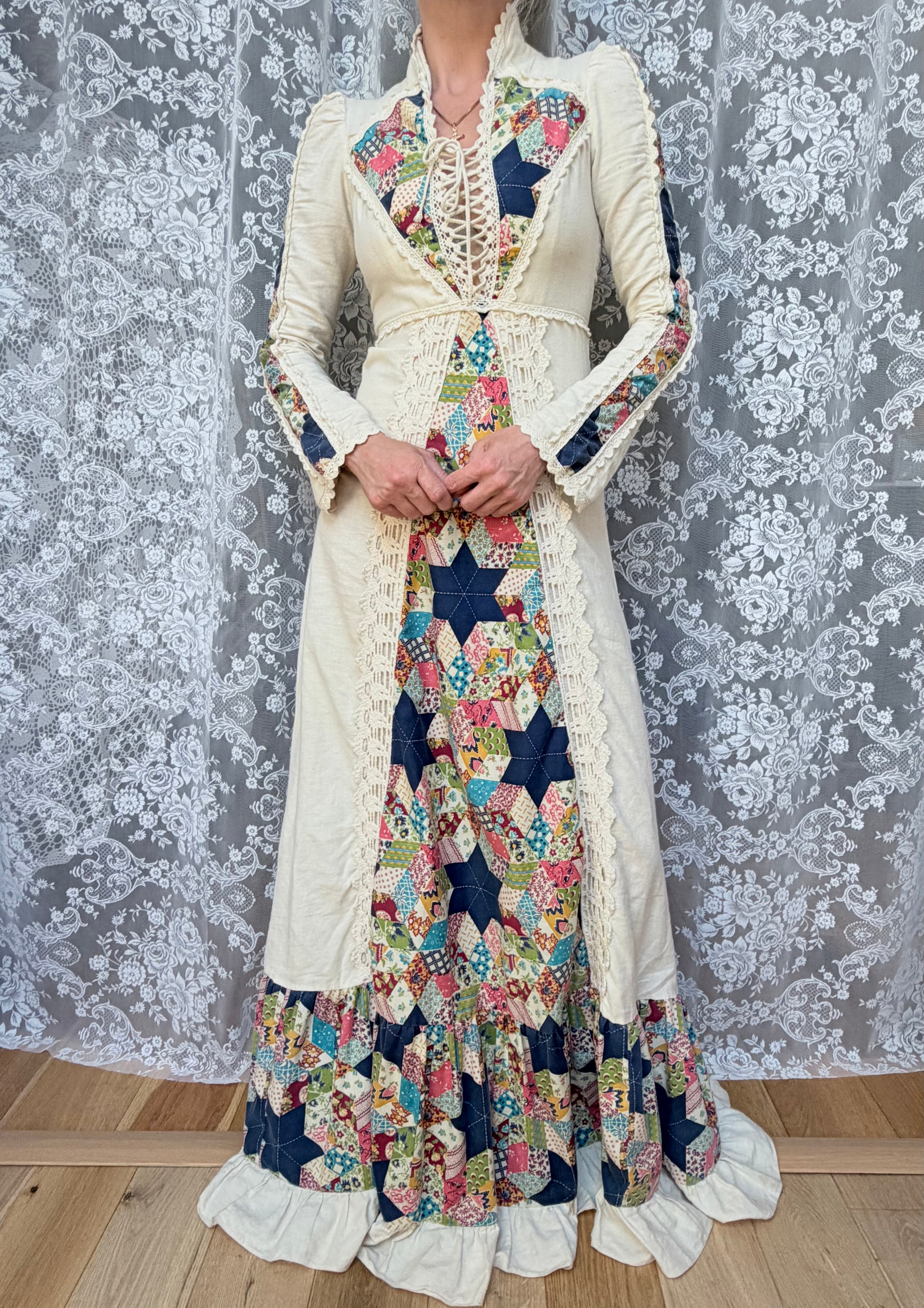 Vintage 1970s Gunne Sax Patchwork Lace Corset Prairie Dress