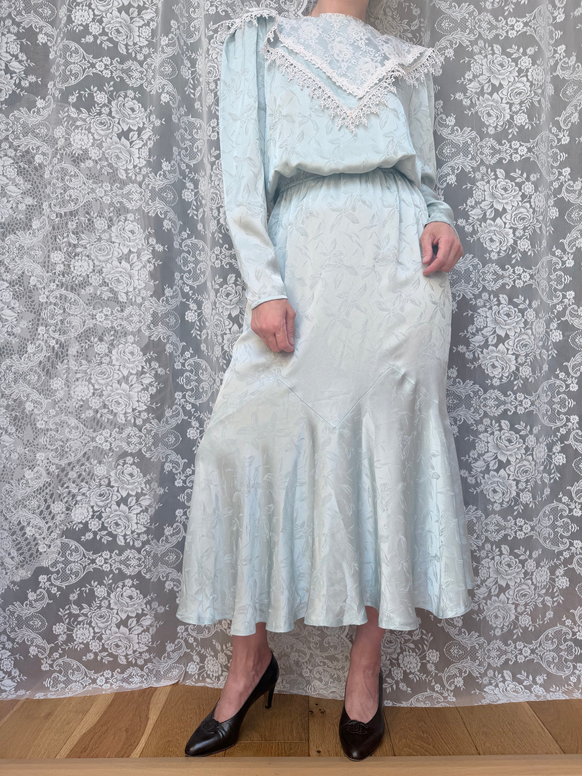 Vintage 1980s Gunne Sax Scott McClintock Turquoise Pinafore Collar Dress