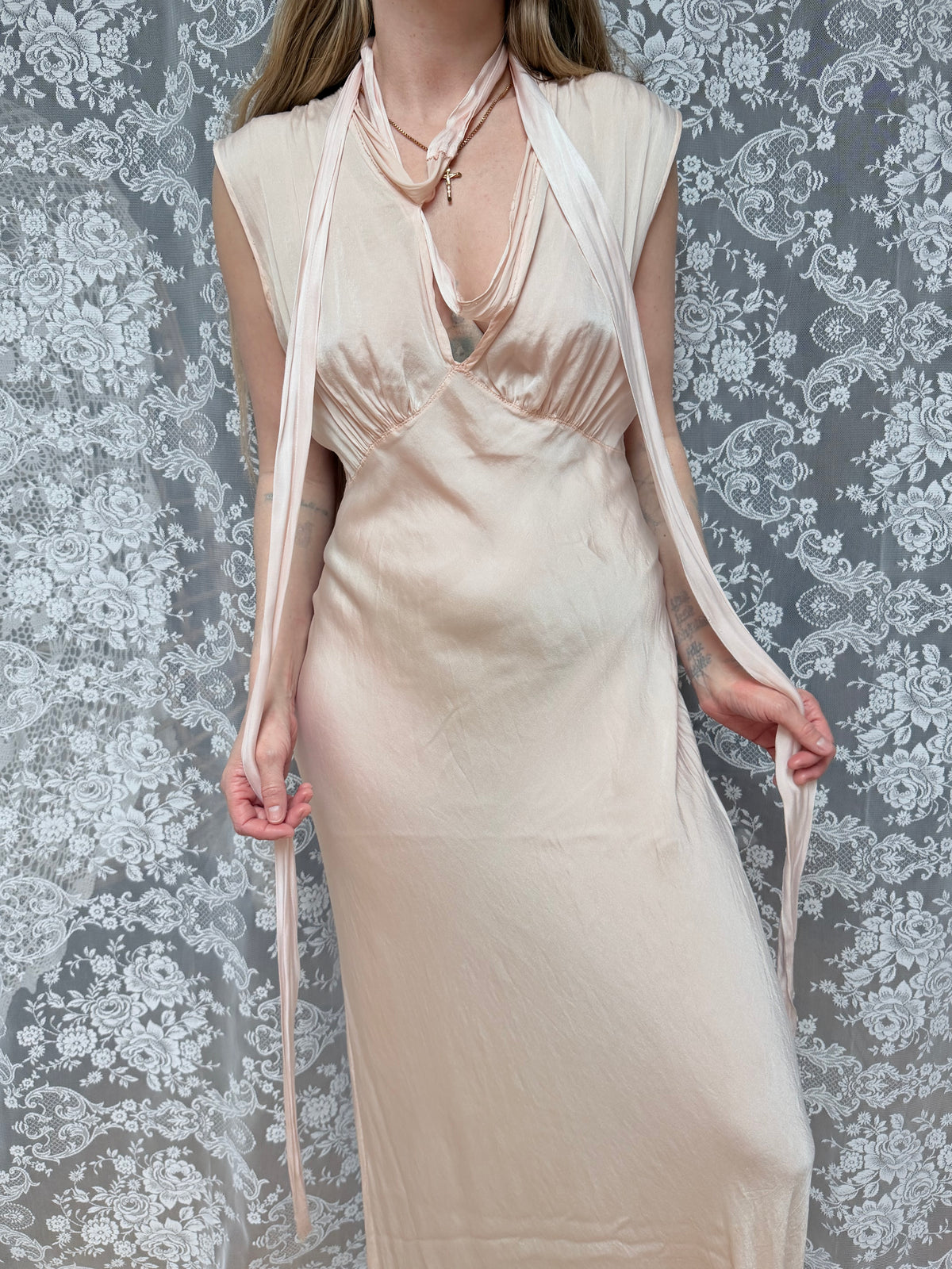 Rare Antique 1920s/1930s Silk Gown with Hand-Scalloped Details