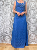 Vintage 1950s Handmade Blue Lace Maxi Ball Gown | Pearlescent Beaded Bust