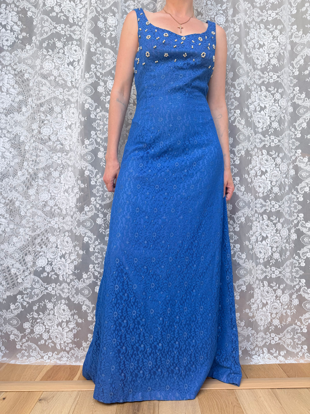 Vintage 1950s Handmade Blue Lace Maxi Ball Gown | Pearlescent Beaded Bust