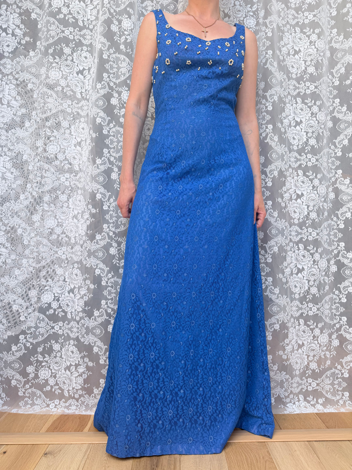 Vintage 1950s Handmade Blue Lace Maxi Ball Gown | Pearlescent Beaded Bust