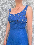 Vintage 1950s Handmade Blue Lace Maxi Ball Gown | Pearlescent Beaded Bust