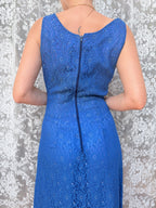 Vintage 1950s Handmade Blue Lace Maxi Ball Gown | Pearlescent Beaded Bust