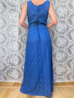 Vintage 1950s Handmade Blue Lace Maxi Ball Gown | Pearlescent Beaded Bust