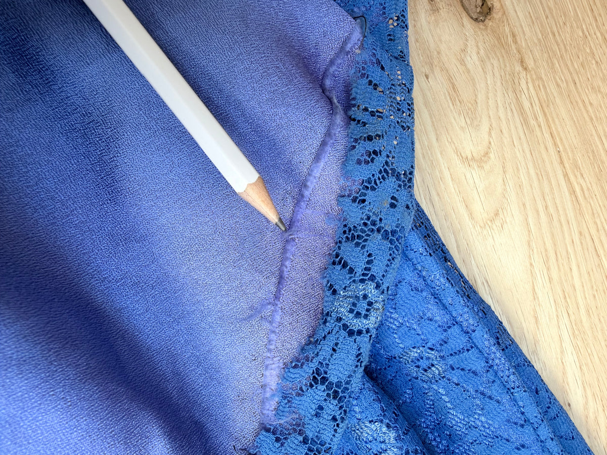 Vintage 1950s Handmade Blue Lace Maxi Ball Gown | Pearlescent Beaded Bust