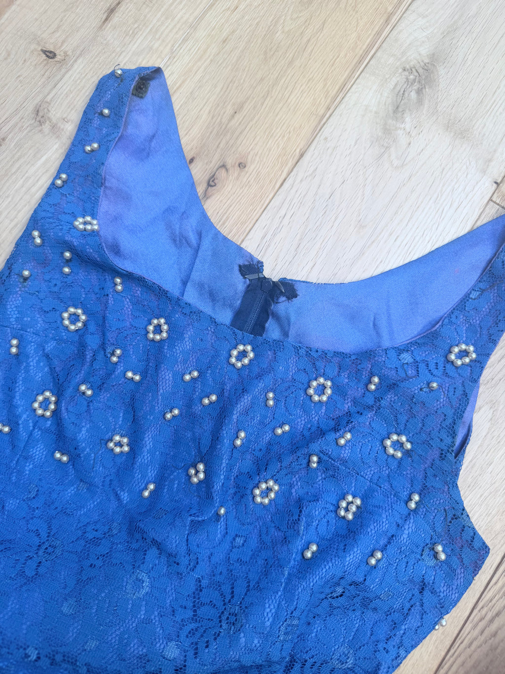 Vintage 1950s Handmade Blue Lace Maxi Ball Gown | Pearlescent Beaded Bust