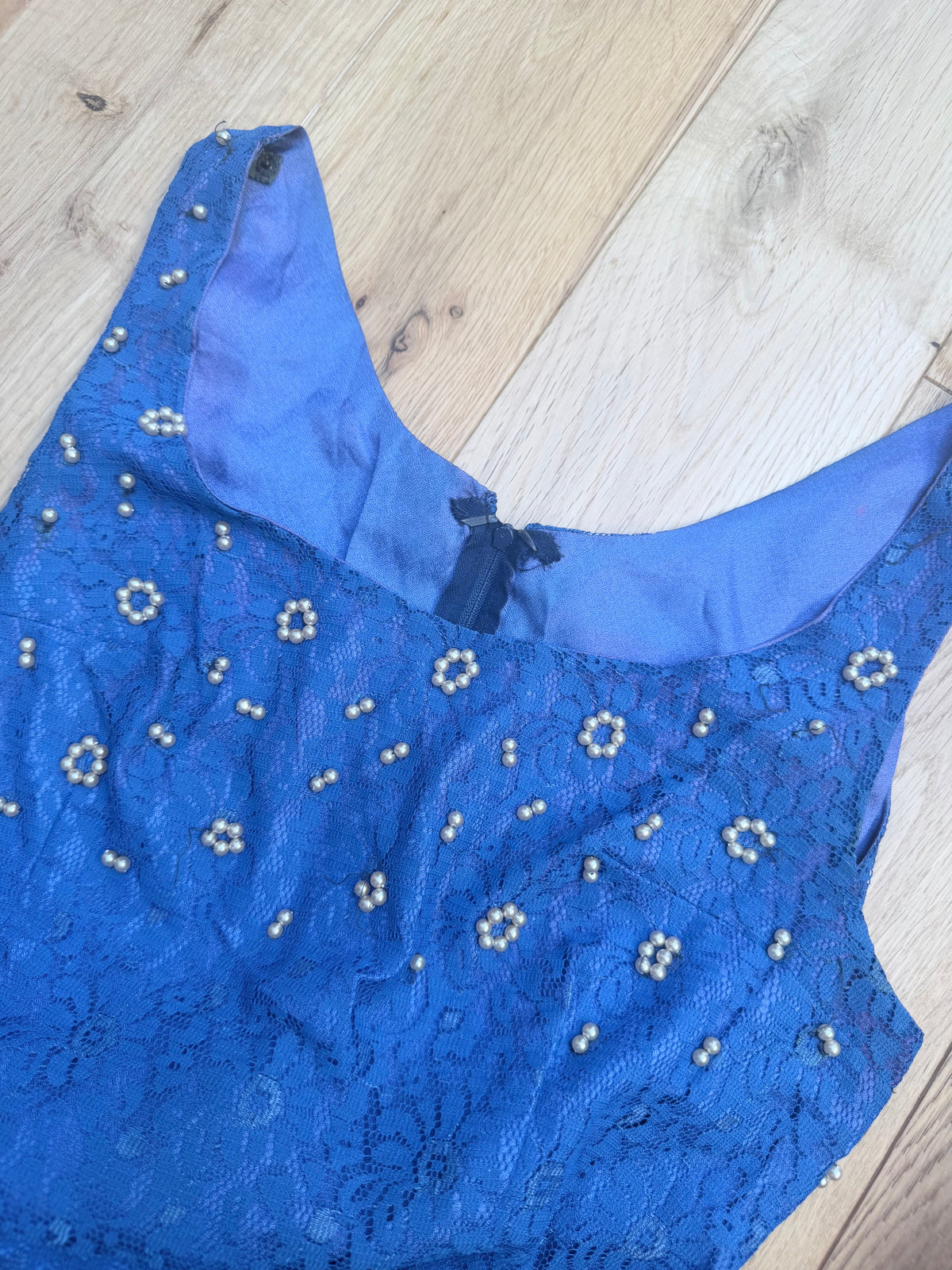 Vintage 1950s Handmade Blue Lace Maxi Ball Gown | Pearlescent Beaded Bust