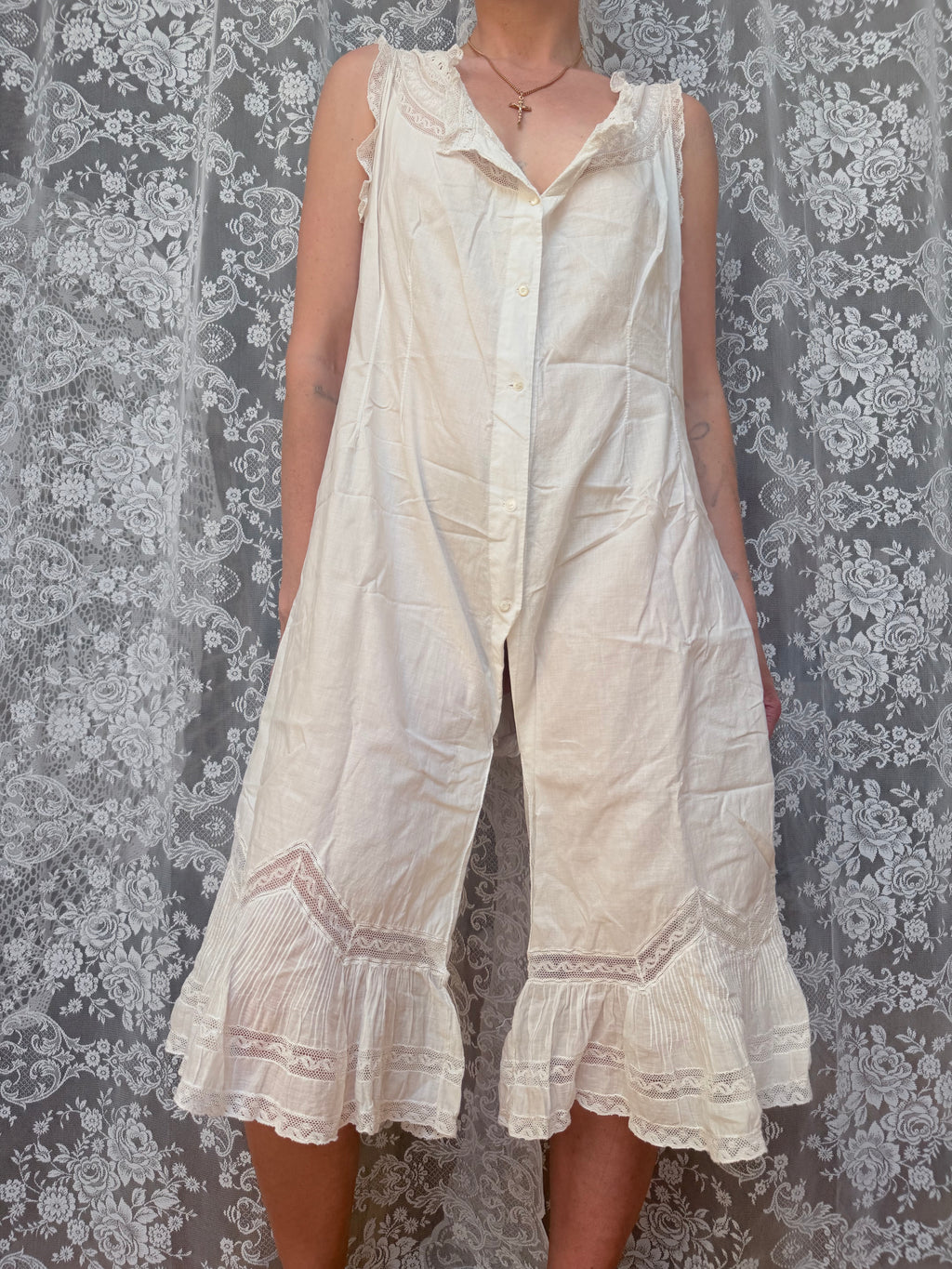Antique 1890-1910 Victorian Cotton Lace Jumpsuit Bloomers