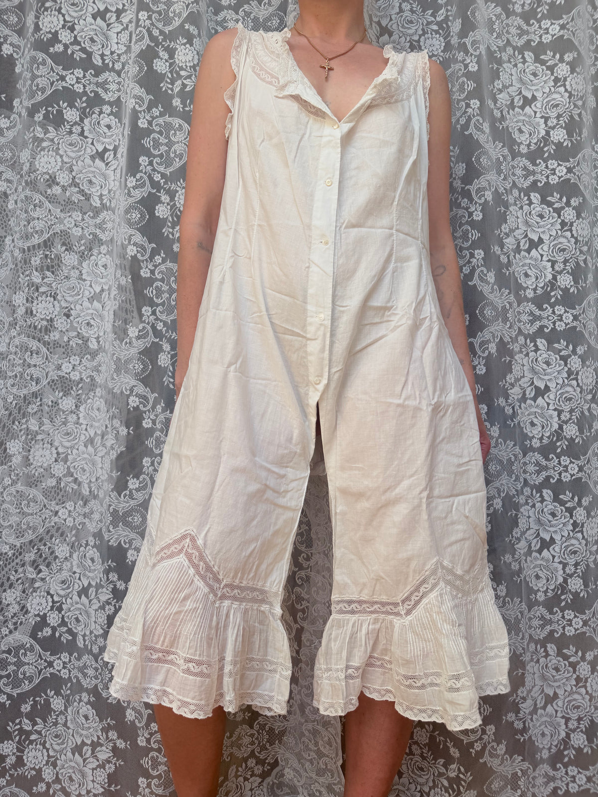 Antique 1890-1910 Victorian Cotton Lace Jumpsuit Bloomers