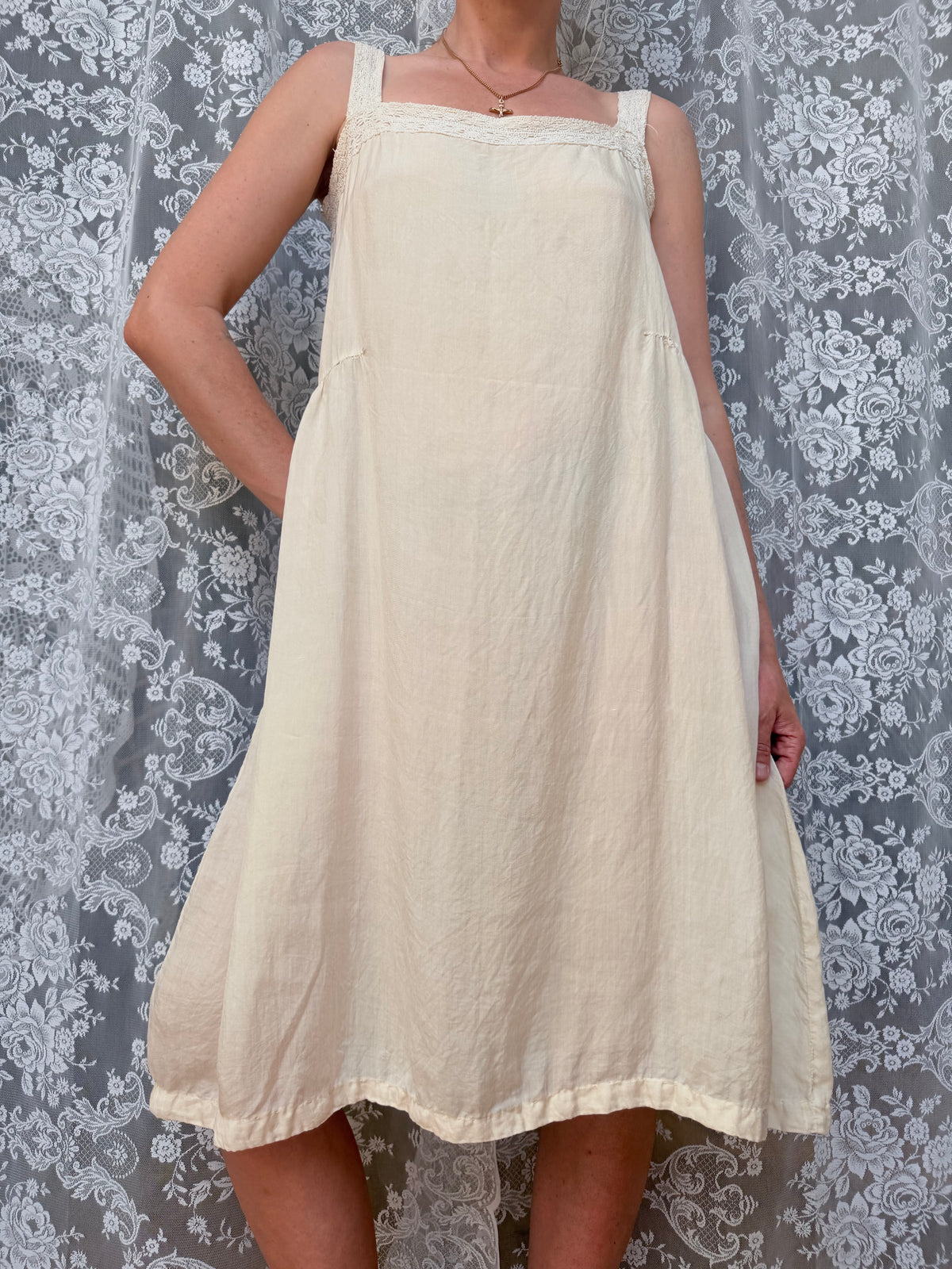 Antique 1920s Cream Cotton Slip Midi Dress with Lace Trim