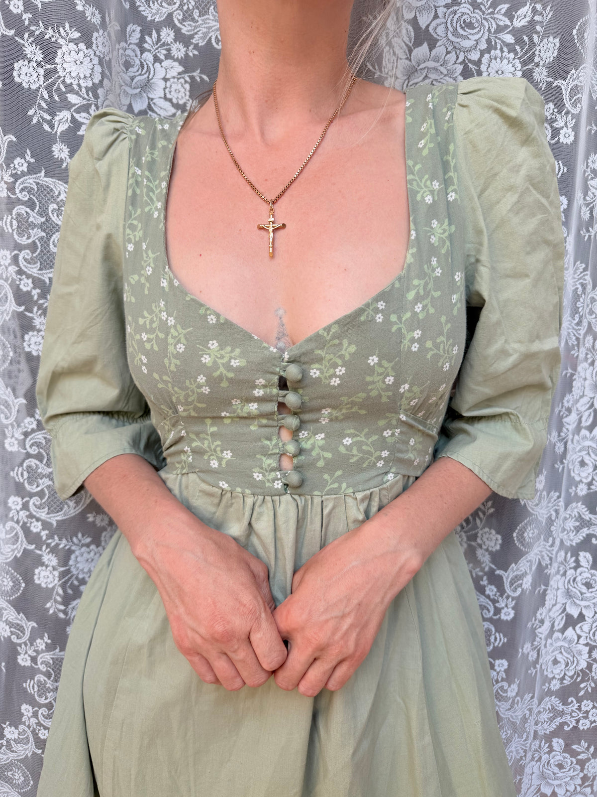 Vintage 1970s Mint Green Ditsy Floral Prairie Dress