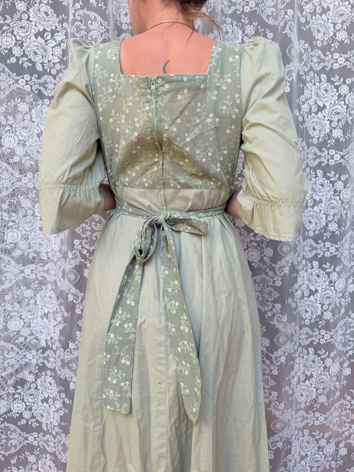 Vintage 1970s Mint Green Ditsy Floral Prairie Dress