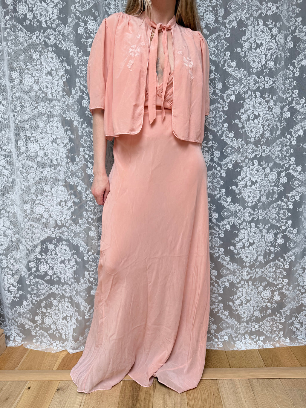 Antique Vintage 1930s Pink Silk Two-Piece Gown & Jacket Set