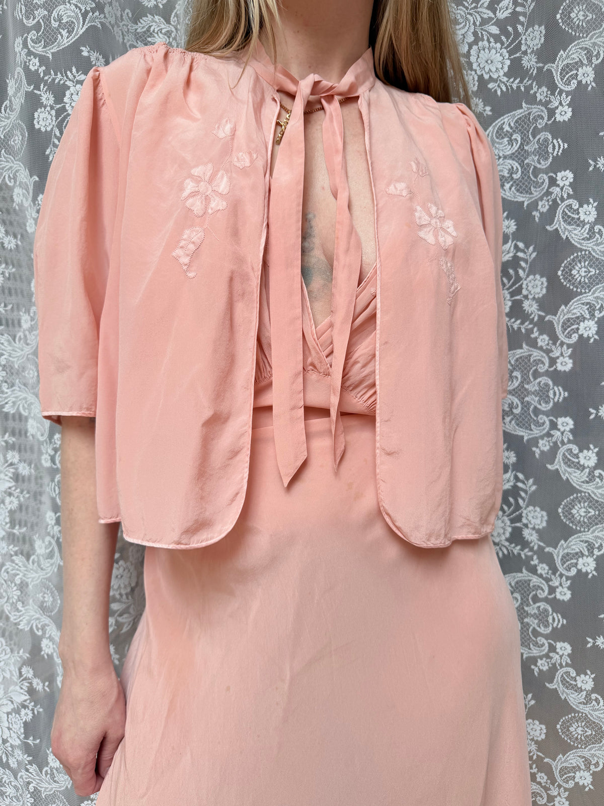 Antique Vintage 1930s Pink Silk Two-Piece Gown & Jacket Set