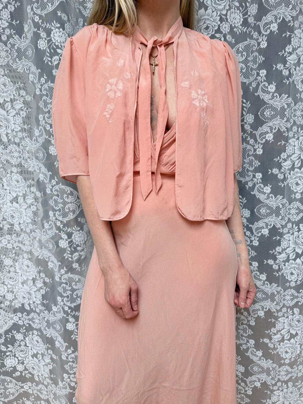 Antique Vintage 1930s Pink Silk Two-Piece Gown & Jacket Set