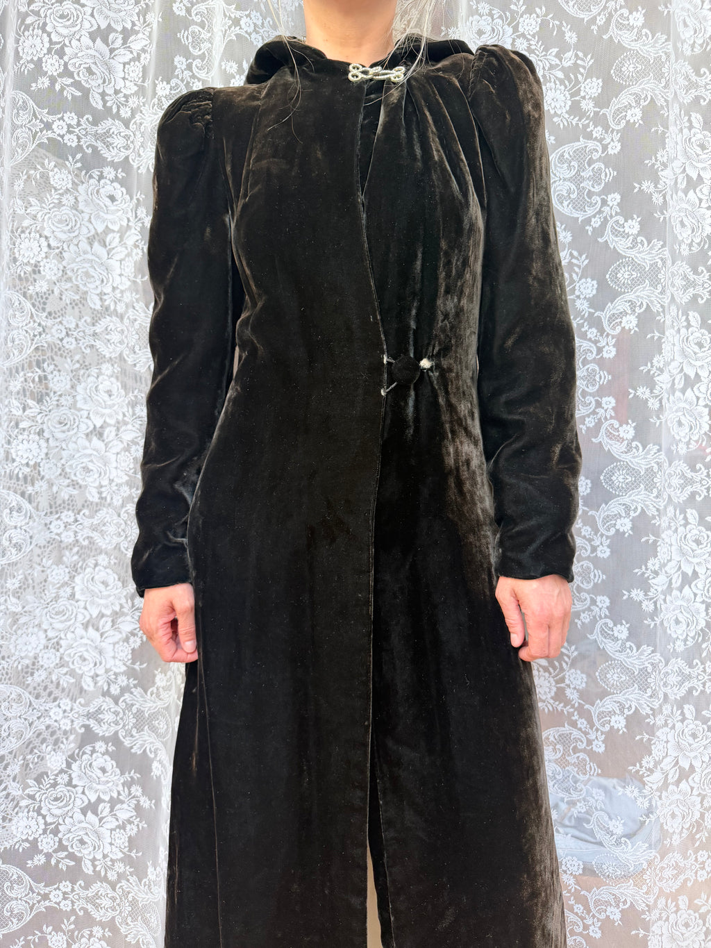 1920s Art Deco Black Velvet Hooded Coat | Vintage Witchy Gothic Piece