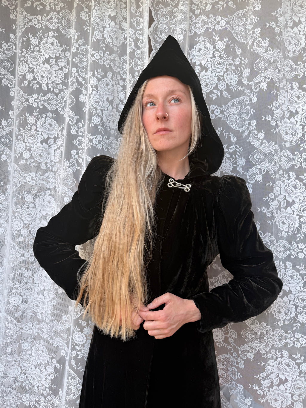 1920s Art Deco Black Velvet Hooded Coat | Vintage Witchy Gothic Piece