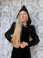 1920s Art Deco Black Velvet Hooded Coat | Vintage Witchy Gothic Piece