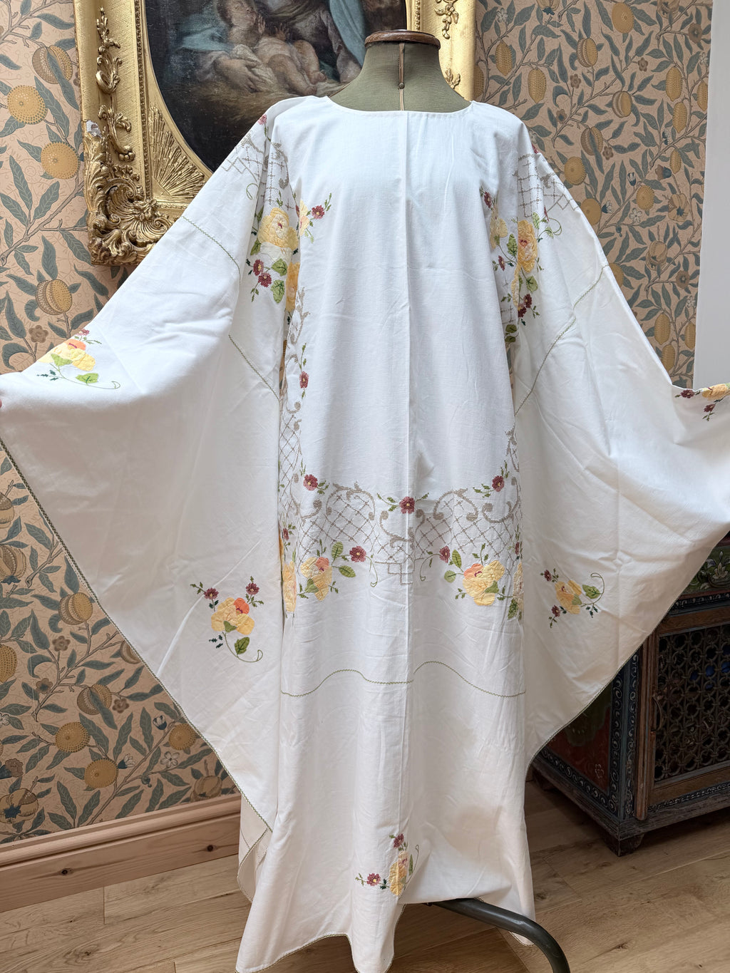 Handmade Vintage Floral Hand-Embroidered Applique Cotton Bell Sleeve Dress | Made From Old Tablecloth