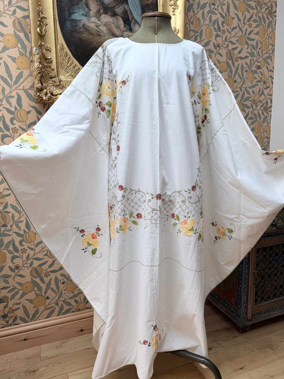 Handmade Vintage Floral Hand-Embroidered Applique Cotton Bell Sleeve Dress | Made From Old Tablecloth