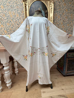 Handmade Vintage Floral Hand-Embroidered Applique Cotton Bell Sleeve Dress | Made From Old Tablecloth