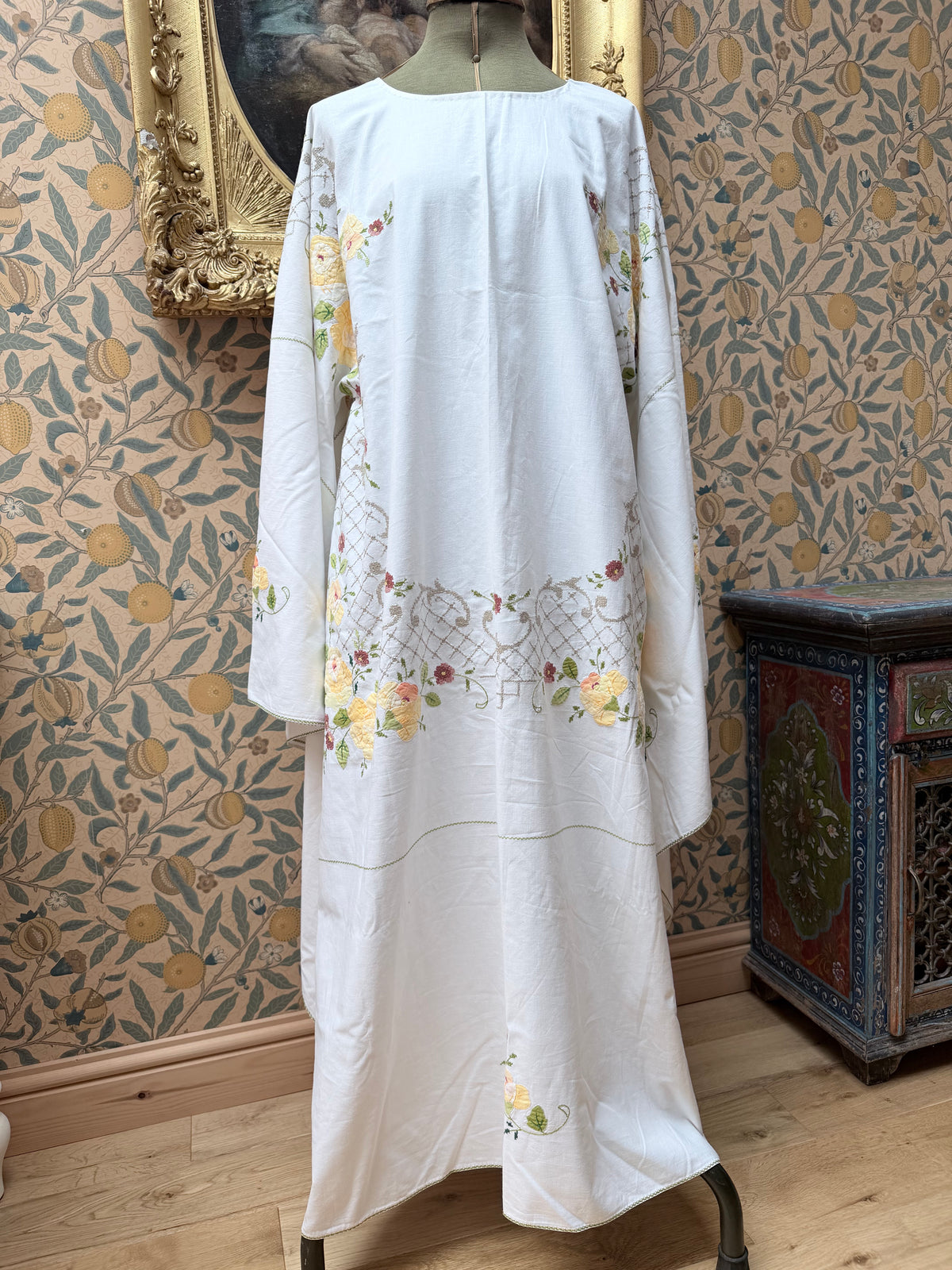 Handmade Vintage Floral Hand-Embroidered Applique Cotton Bell Sleeve Dress | Made From Old Tablecloth
