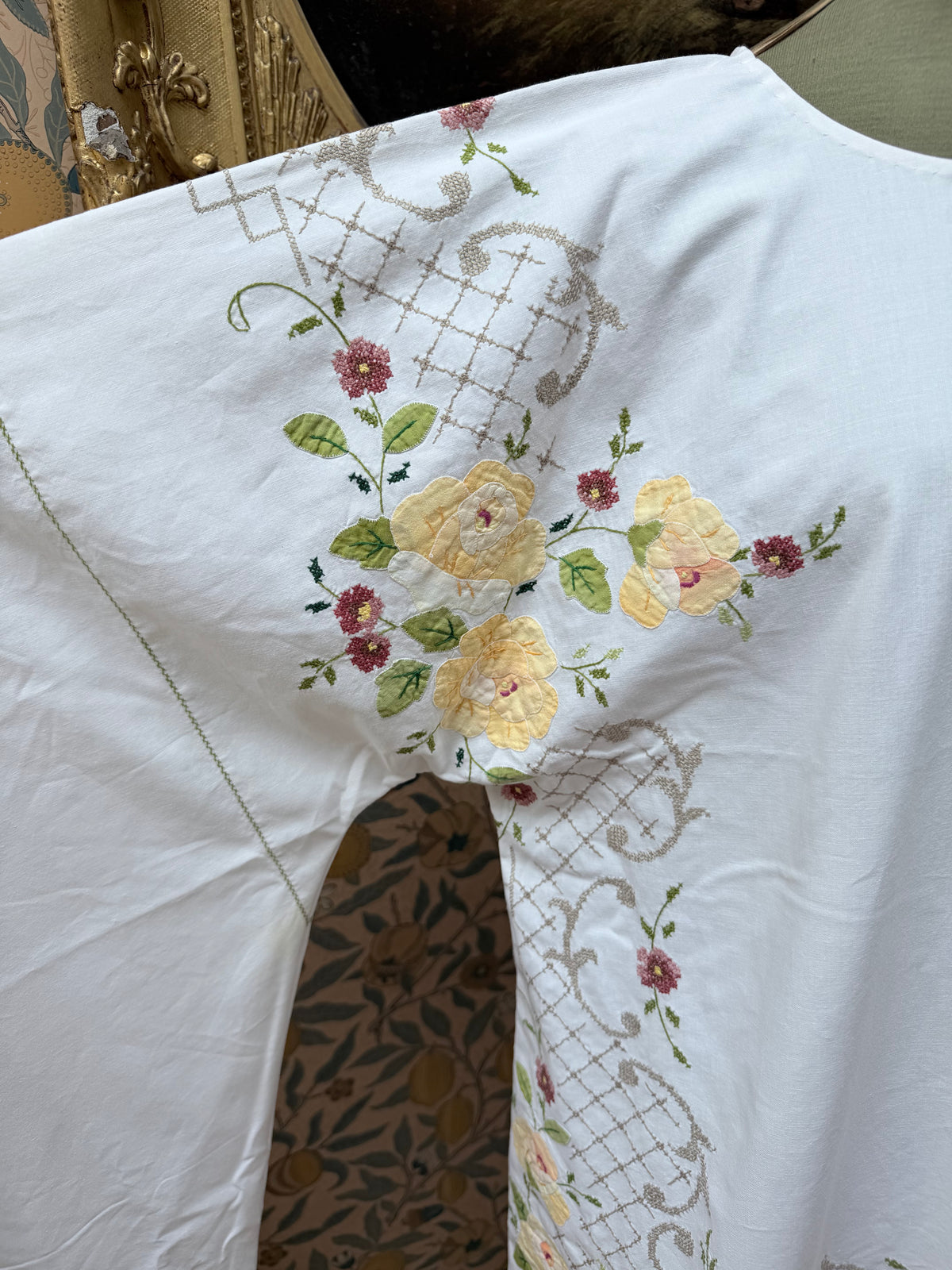 Handmade Vintage Floral Hand-Embroidered Applique Cotton Bell Sleeve Dress | Made From Old Tablecloth