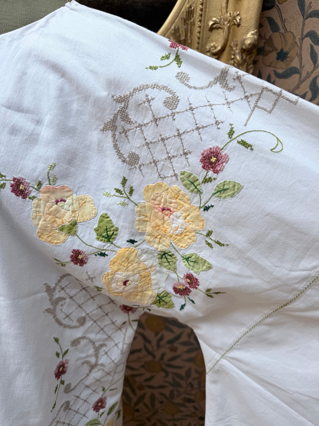 Handmade Vintage Floral Hand-Embroidered Applique Cotton Bell Sleeve Dress | Made From Old Tablecloth
