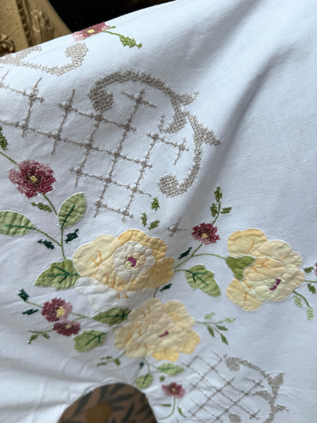 Handmade Vintage Floral Hand-Embroidered Applique Cotton Bell Sleeve Dress | Made From Old Tablecloth