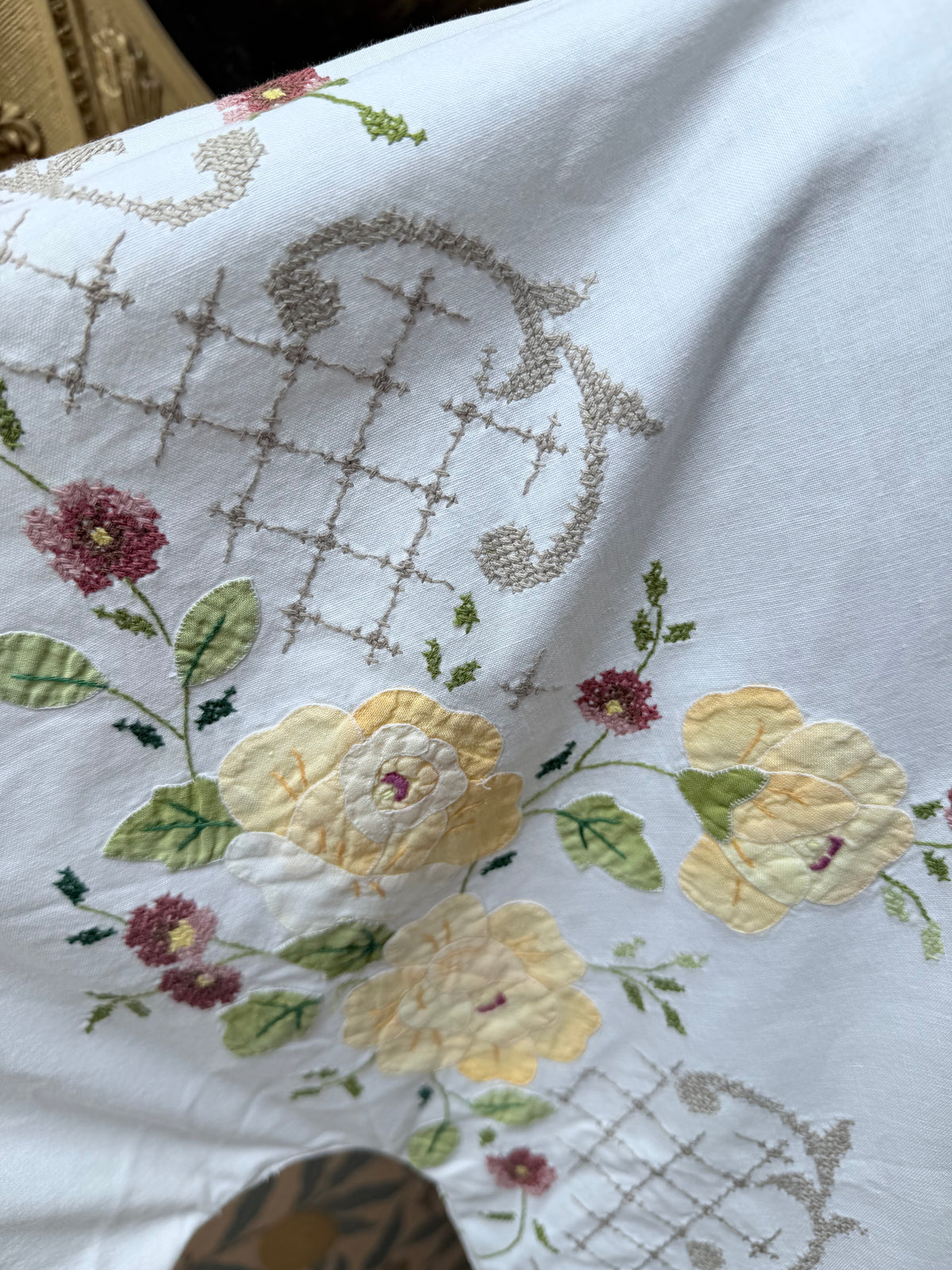 Handmade Vintage Floral Hand-Embroidered Applique Cotton Bell Sleeve Dress | Made From Old Tablecloth