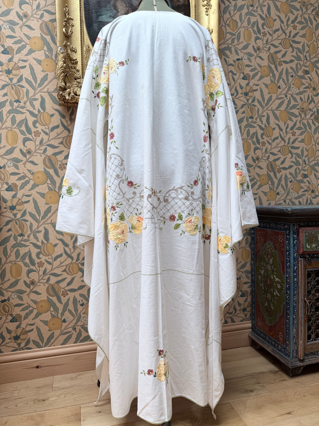 Handmade Vintage Floral Hand-Embroidered Applique Cotton Bell Sleeve Dress | Made From Old Tablecloth