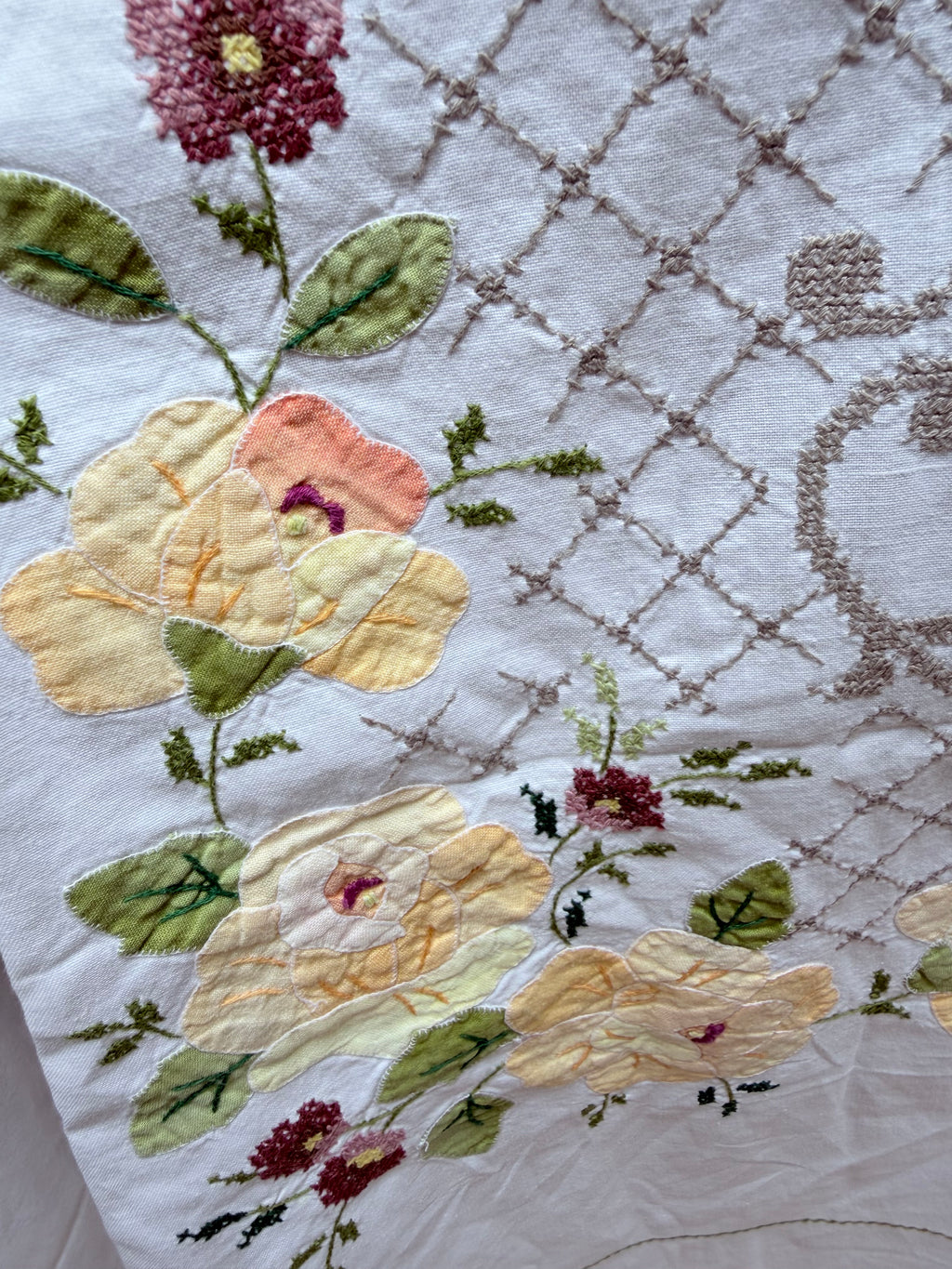 Handmade Vintage Floral Hand-Embroidered Applique Cotton Bell Sleeve Dress | Made From Old Tablecloth