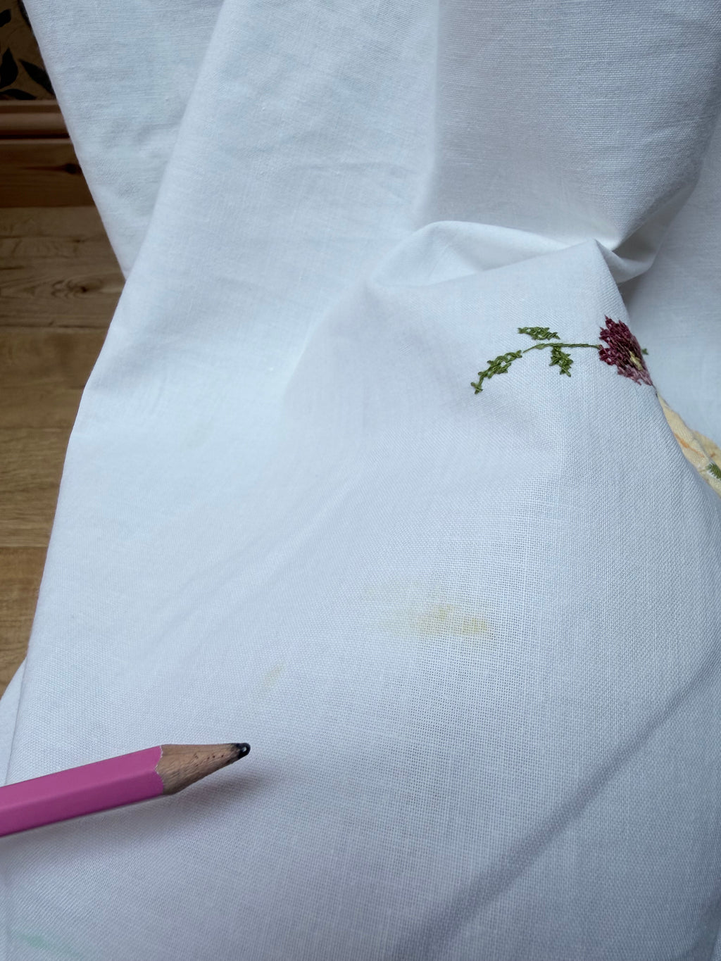 Handmade Vintage Floral Hand-Embroidered Applique Cotton Bell Sleeve Dress | Made From Old Tablecloth