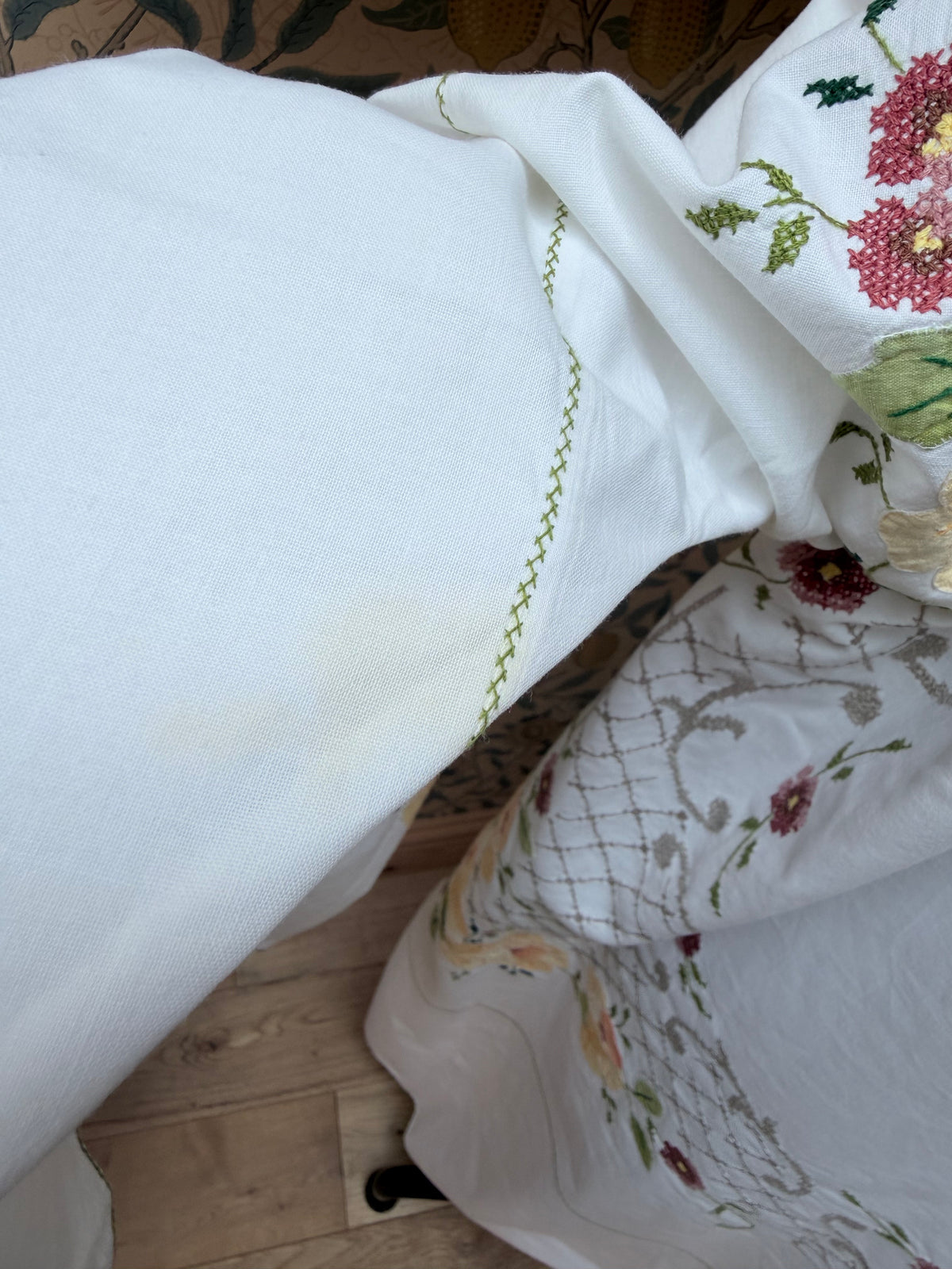Handmade Vintage Floral Hand-Embroidered Applique Cotton Bell Sleeve Dress | Made From Old Tablecloth