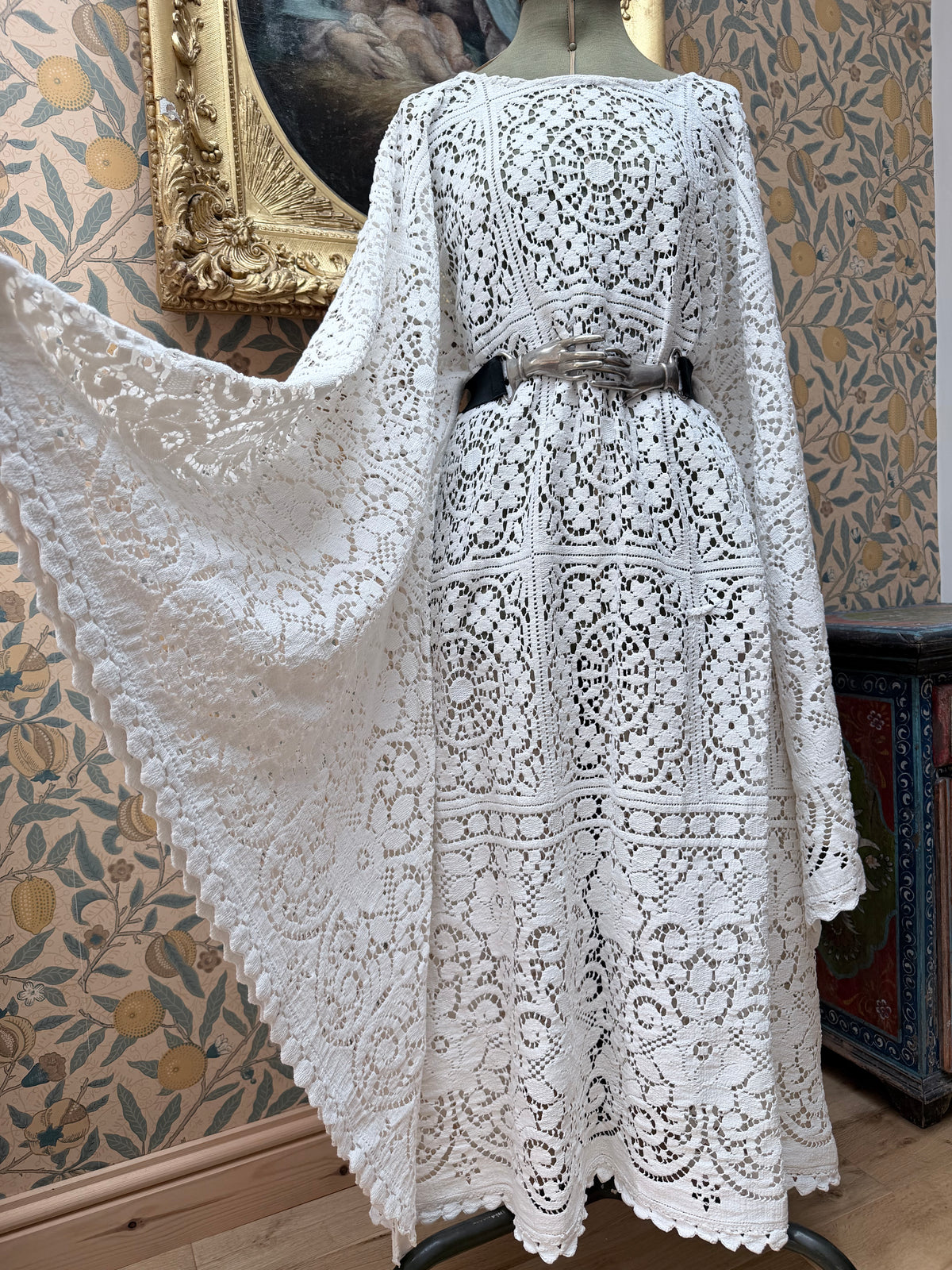 Handmade Vintage Floral Nottingham Lace Bell Sleeve Crochet Dress | Made From Old Tablecloth