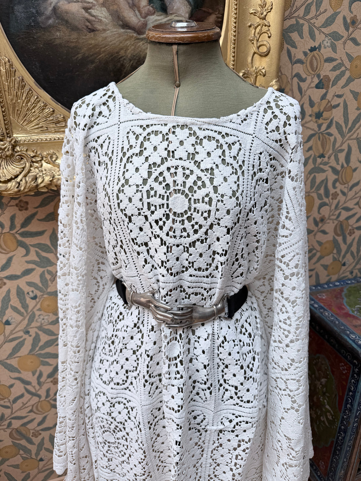 Handmade Vintage Floral Nottingham Lace Bell Sleeve Crochet Dress | Made From Old Tablecloth