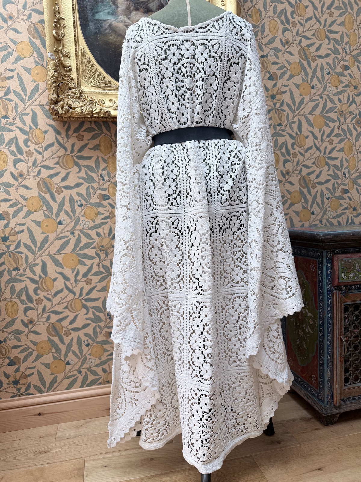 Handmade Vintage Floral Nottingham Lace Bell Sleeve Crochet Dress | Made From Old Tablecloth