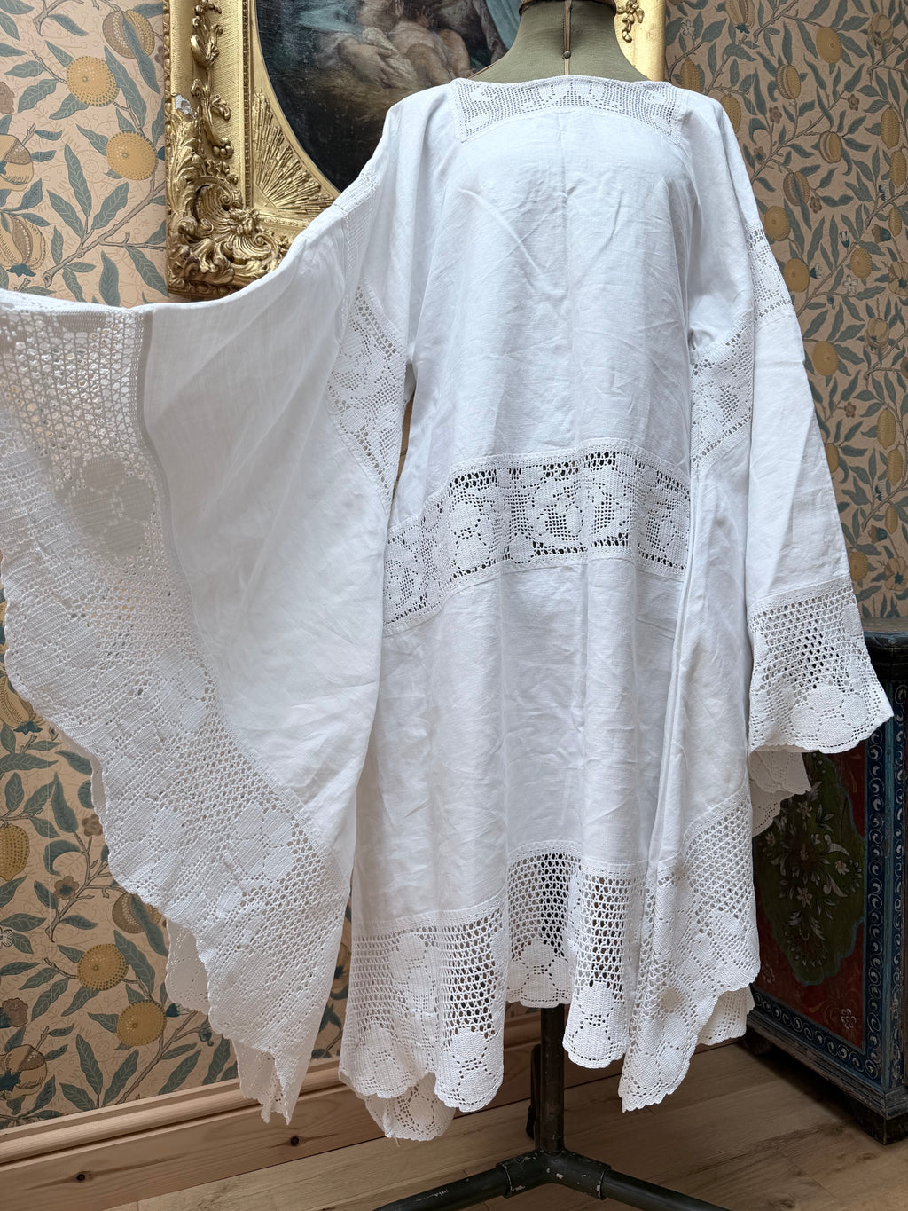 Handmade Vintage White Cotton Floral Crochet Bell Sleeve Lace Dress | Made From Old Tablecloth