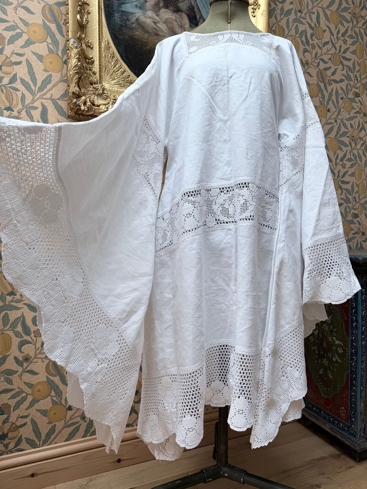 Handmade Vintage White Cotton Floral Crochet Bell Sleeve Lace Dress | Made From Old Tablecloth