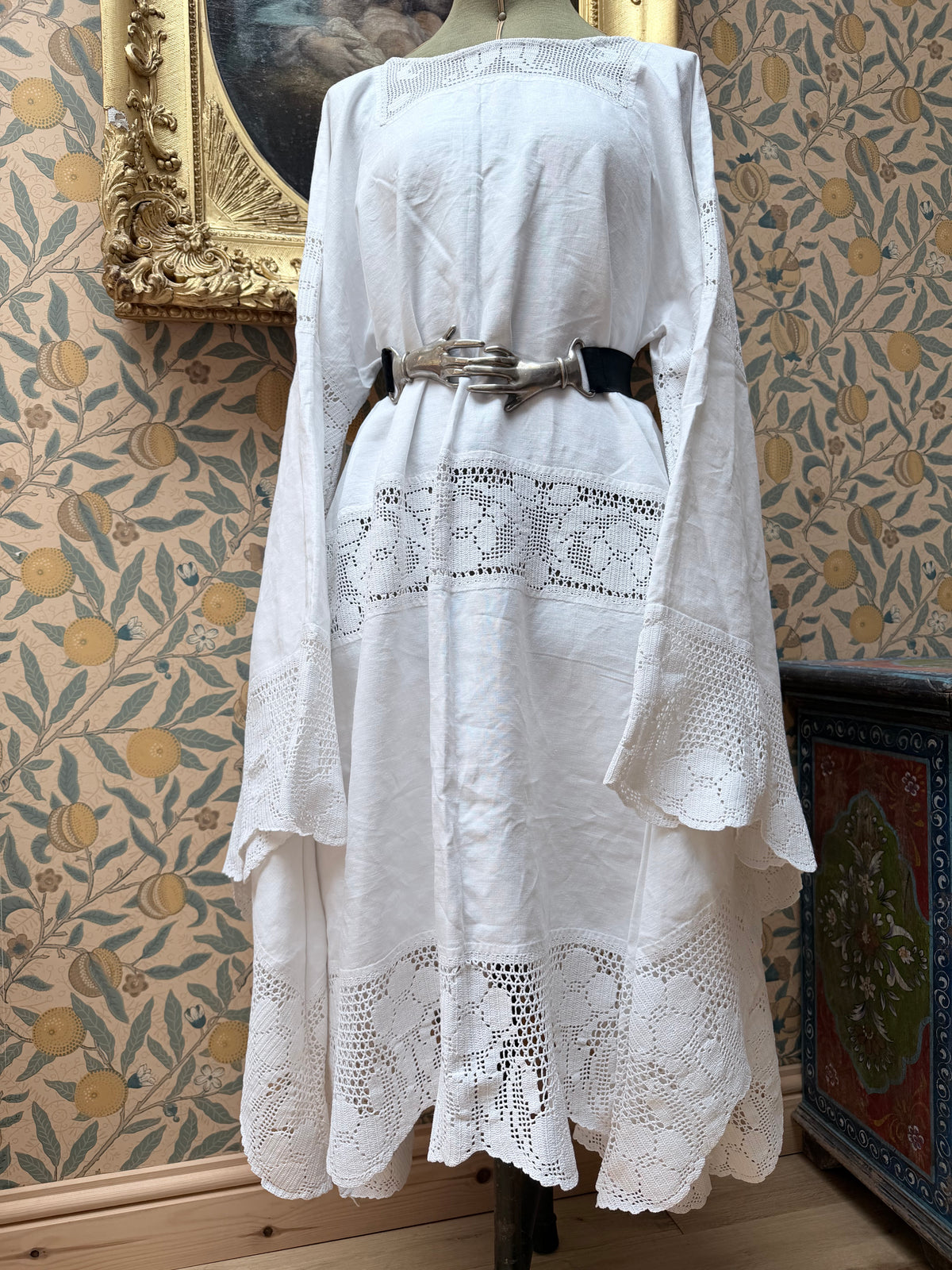 Handmade Vintage White Cotton Floral Crochet Bell Sleeve Lace Dress | Made From Old Tablecloth
