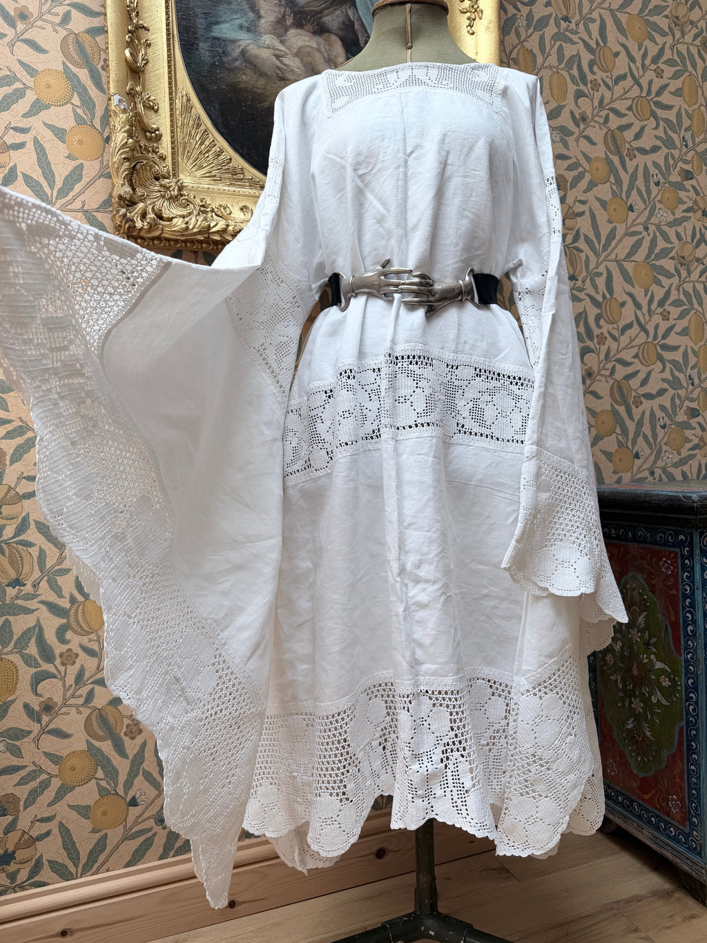Handmade Vintage White Cotton Floral Crochet Bell Sleeve Lace Dress | Made From Old Tablecloth