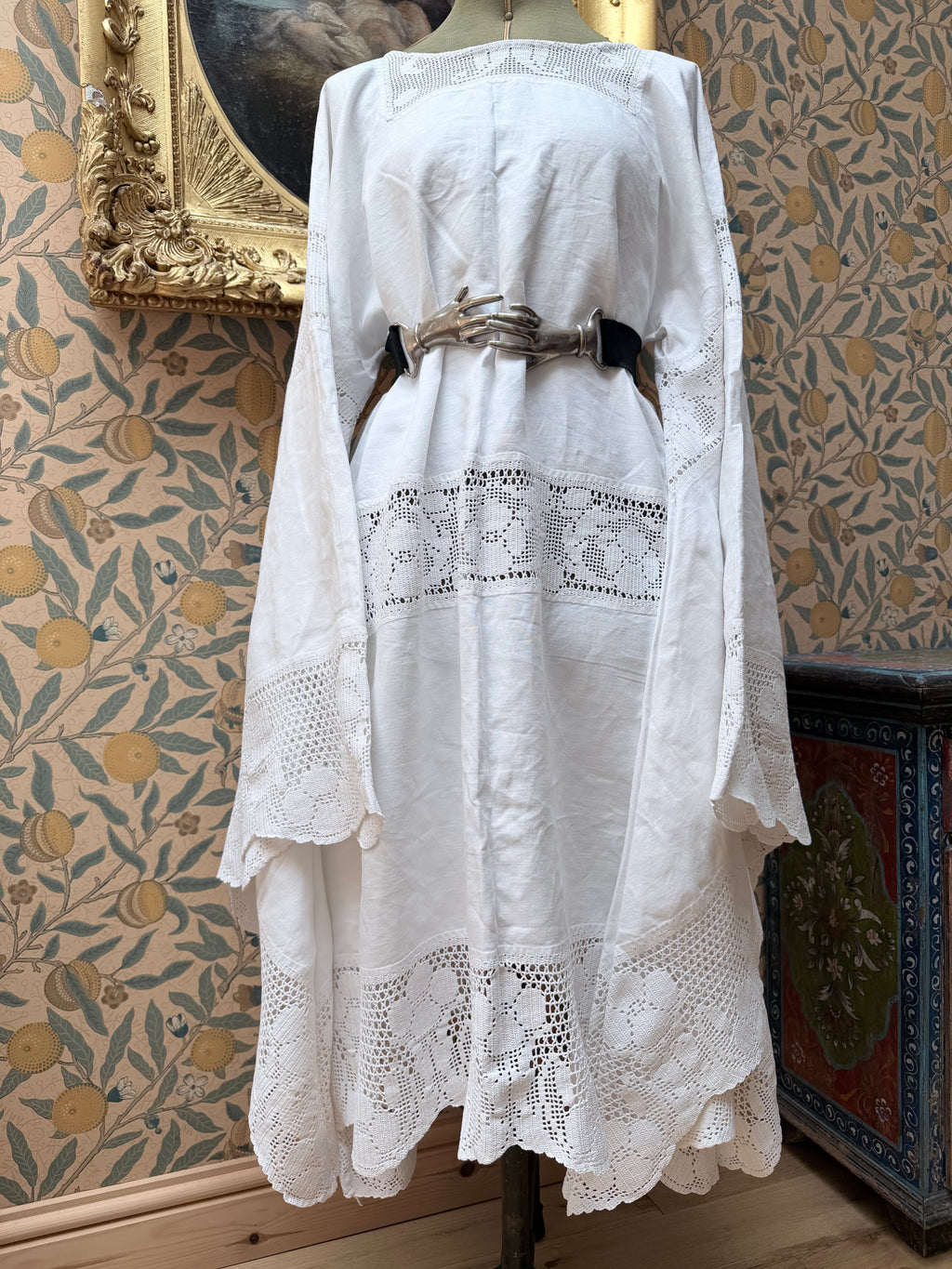 Handmade Vintage White Cotton Floral Crochet Bell Sleeve Lace Dress | Made From Old Tablecloth