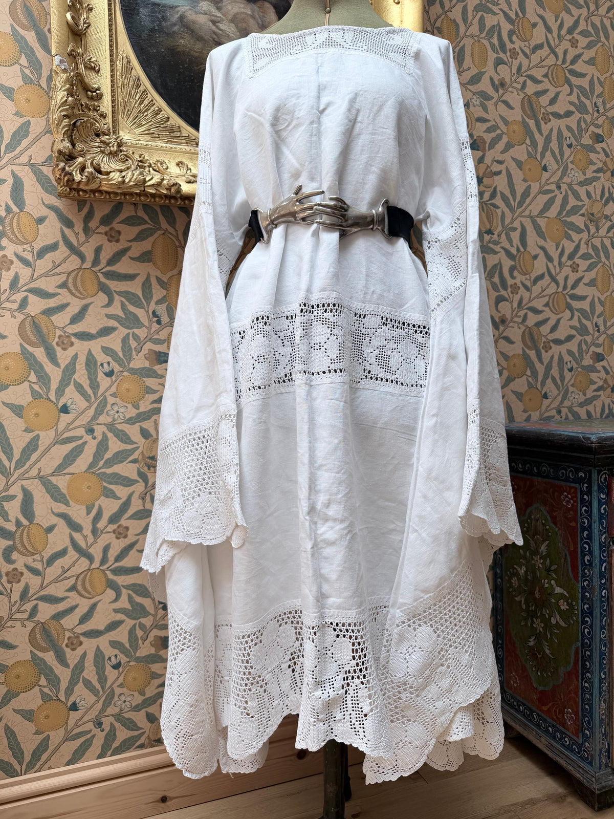 Handmade Vintage White Cotton Floral Crochet Bell Sleeve Lace Dress | Made From Old Tablecloth