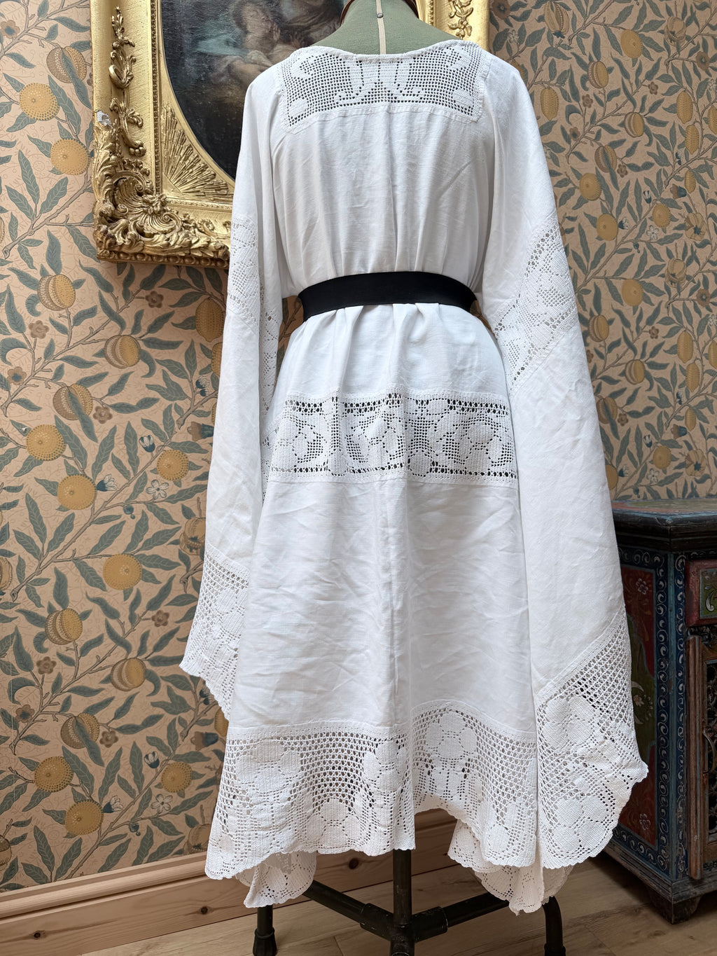 Handmade Vintage White Cotton Floral Crochet Bell Sleeve Lace Dress | Made From Old Tablecloth