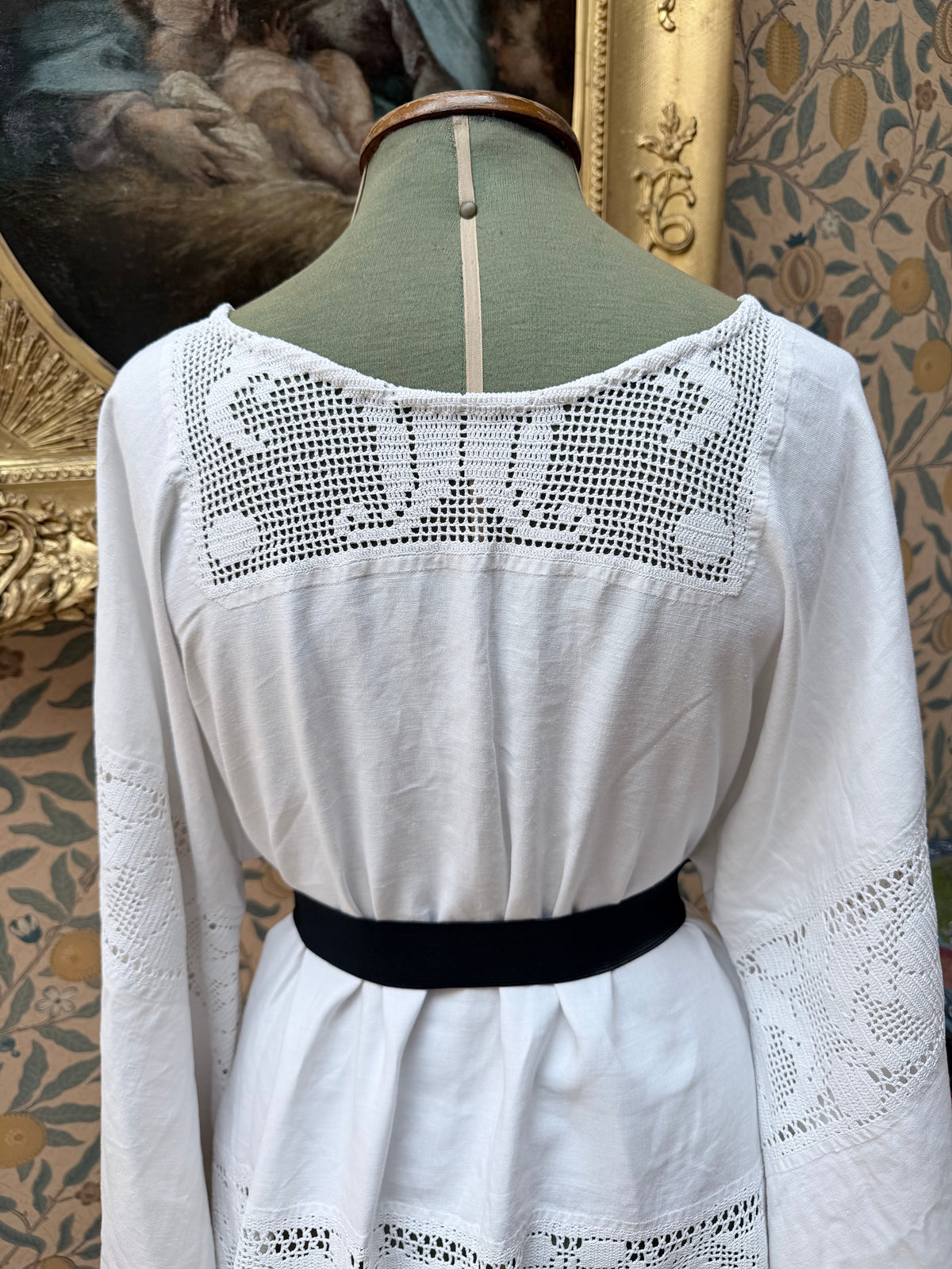 Handmade Vintage White Cotton Floral Crochet Bell Sleeve Lace Dress | Made From Old Tablecloth